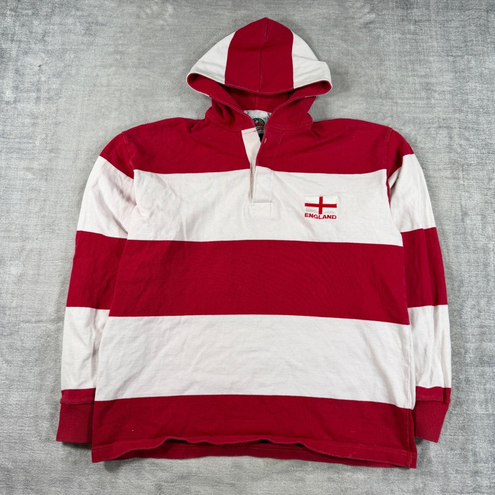 Barbarian Rugby Sweatshirt Mens XL Red Striped VTG England Embroidered Hooded